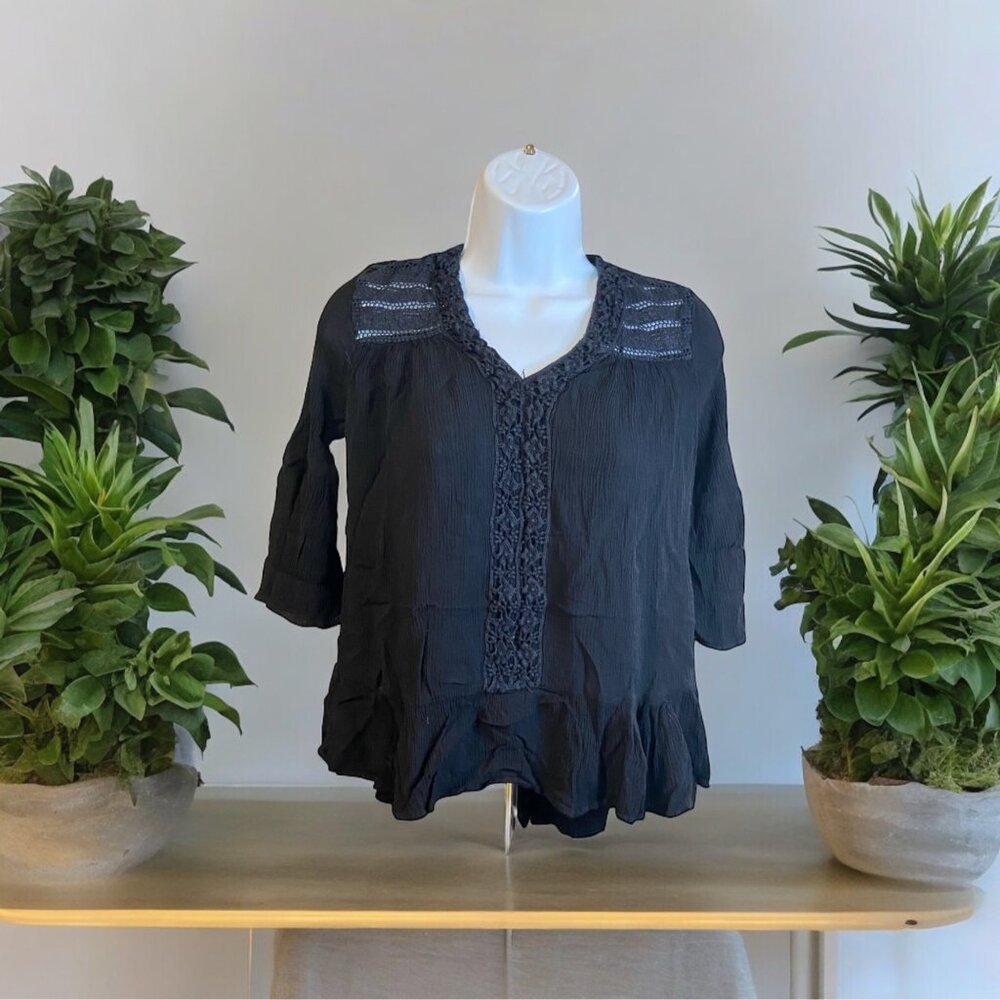 New Direction Womens Peasant Blouse Black Small Crinkle Lace Ruffle Hem Boho